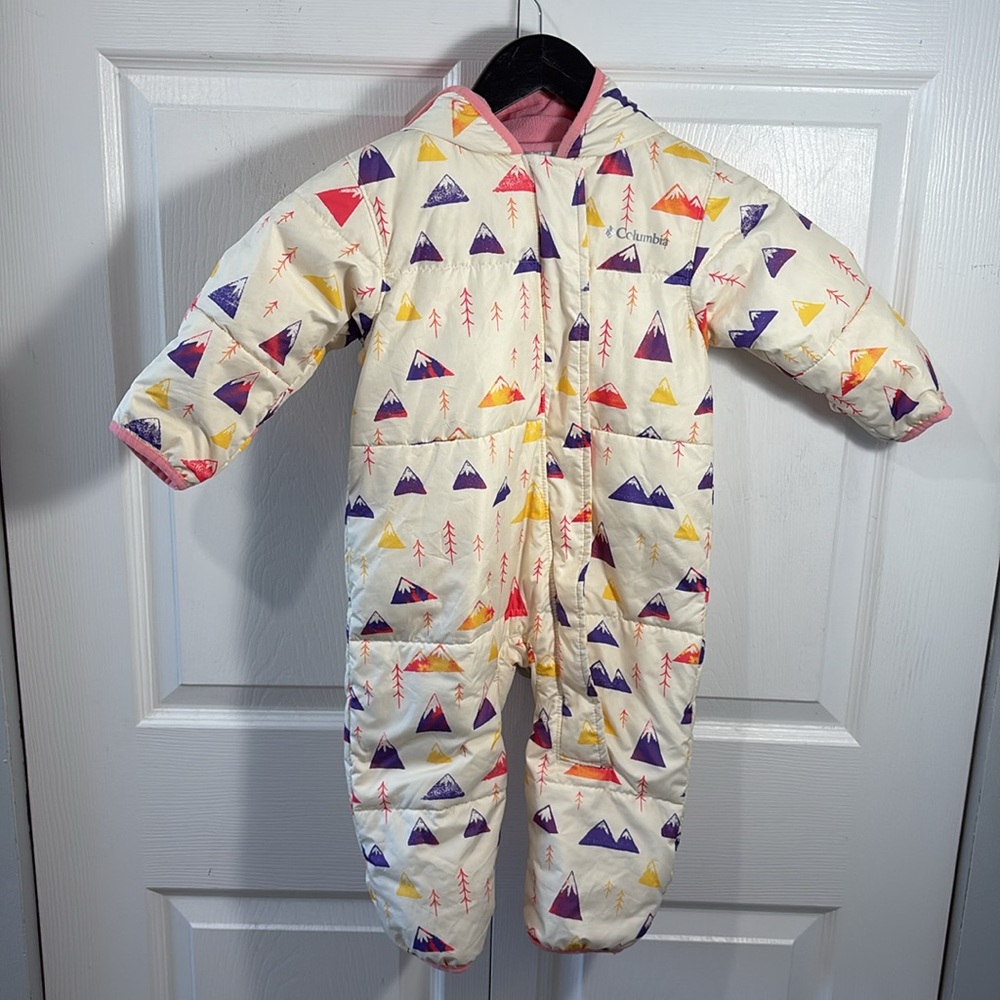 Columbia Cream Baby Snowsuit with Pink, Purple & Orange Triangle Print